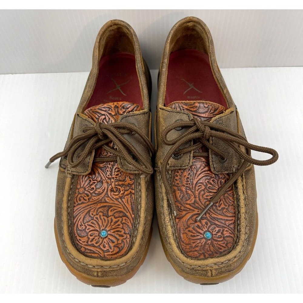 Twisted X WDM0092 Brown Leather Floral Tool Tourq. Stone Driving Mocs Boots 6M